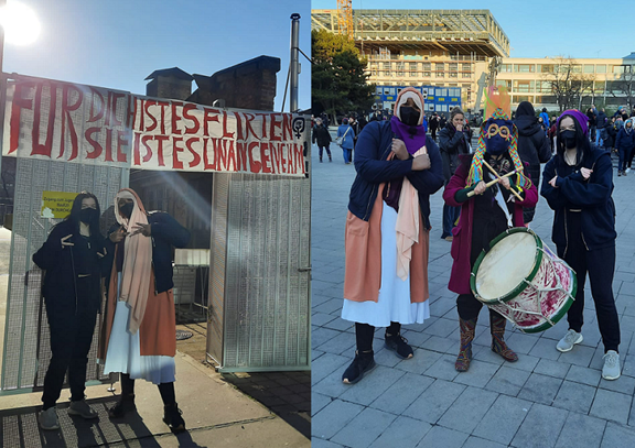 Collage: Erstes Bild zeigt feministischen Banner mit zwei Jugendlichen davor, zweites Bild zeigt beide Jugendliche gemeinsam mit Aktivistin am Karlsplatz