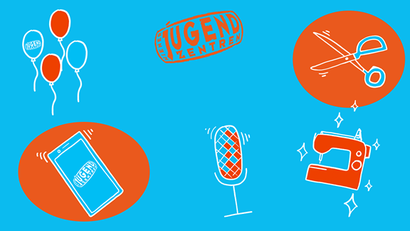 Collage von Sketches; zu sehen sind Luftballons, Handy, Mikrofon, Nähmaschine und Schere