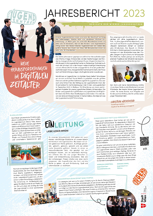 Die Titelseite des Jahresberichts 2023 vom Verein Wiener Jugendzentren.
